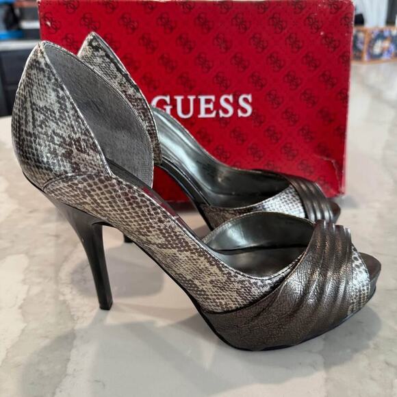 Guess Platform Snakeskin Peep Toe Locklyn Stiletto Heels Womens Size 8.5M Silver - Picture 2 of 9